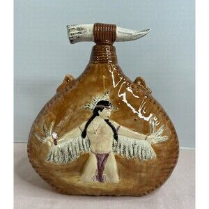 VINTAGE NATIVE AMERICAN FOLK ART HANDMADE WHISKEY DECANTER GLAZED CERAMIC EMPTY
